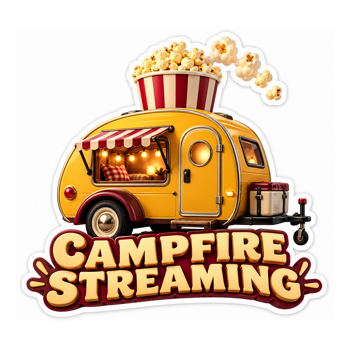 Yellow Camper with Giant Popcorn Tub Art Vinyl Decal Stickers