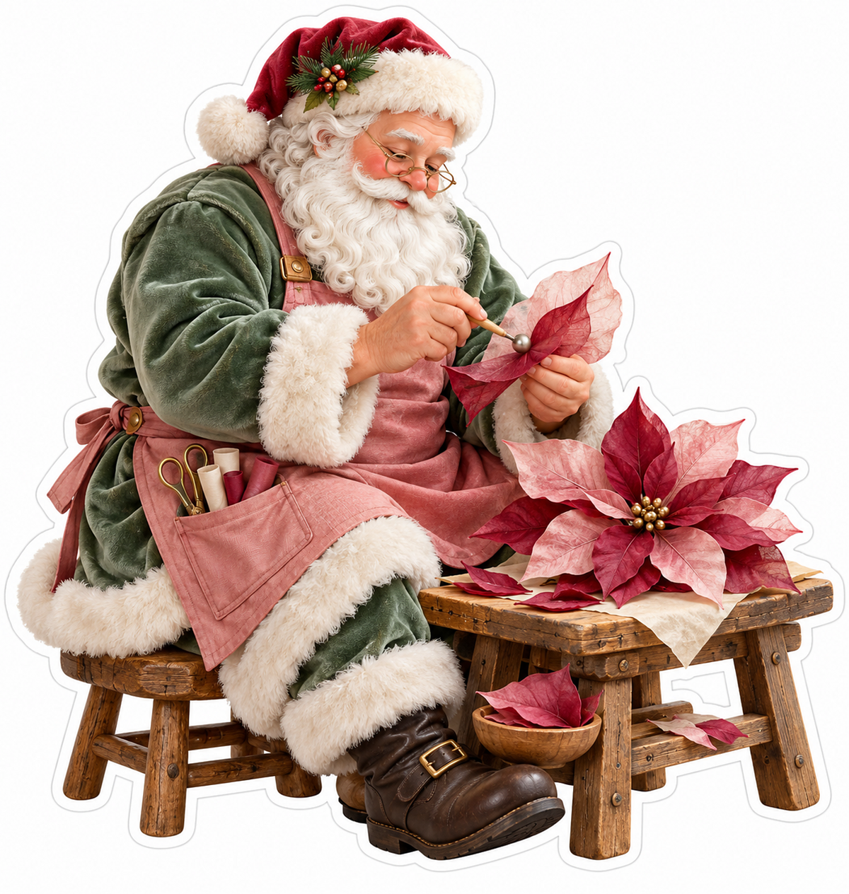 Sage Santa Crafting Poinsettia Art Vinyl Decal Stickers