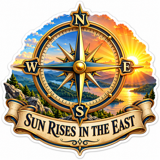 Sun Rises in the East Mountain Compass Art Vinyl Decal Stickers