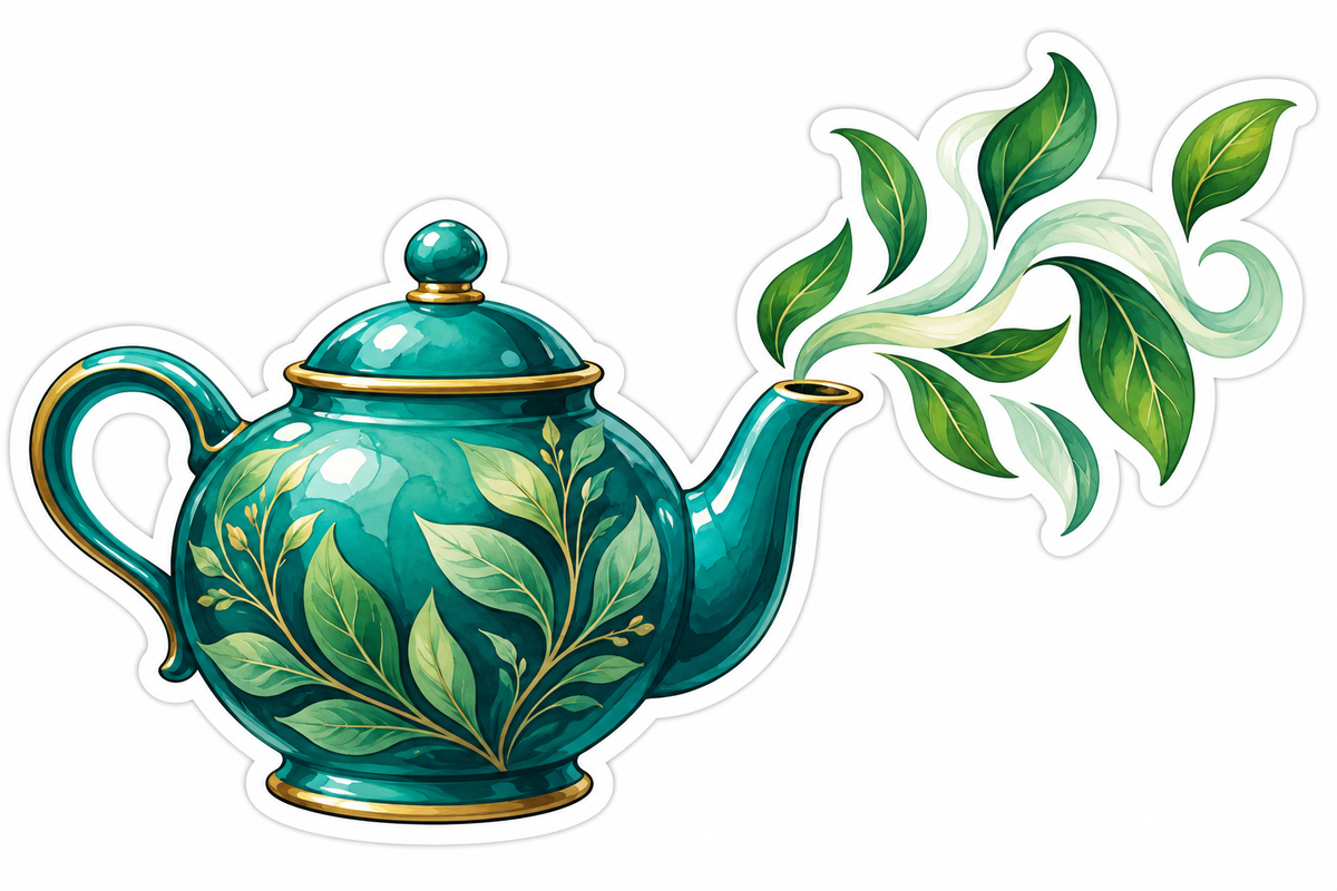 Teal Teapot with Leaf Shaped Steam Art Vinyl Decal Stickers