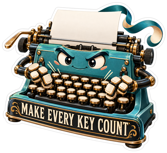 Teal Typewriter Mascot with Blank Paper Sheet Vinyl Decal Stickers