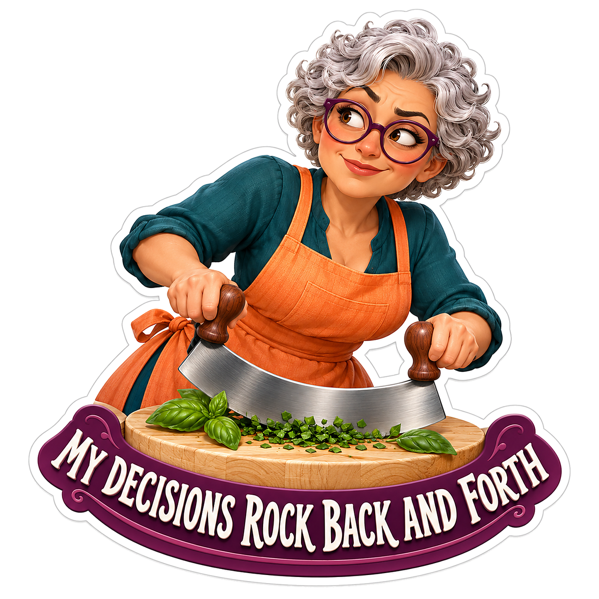 Woman Chopping Herbs with a Curved Blade Vinyl Decal Stickers