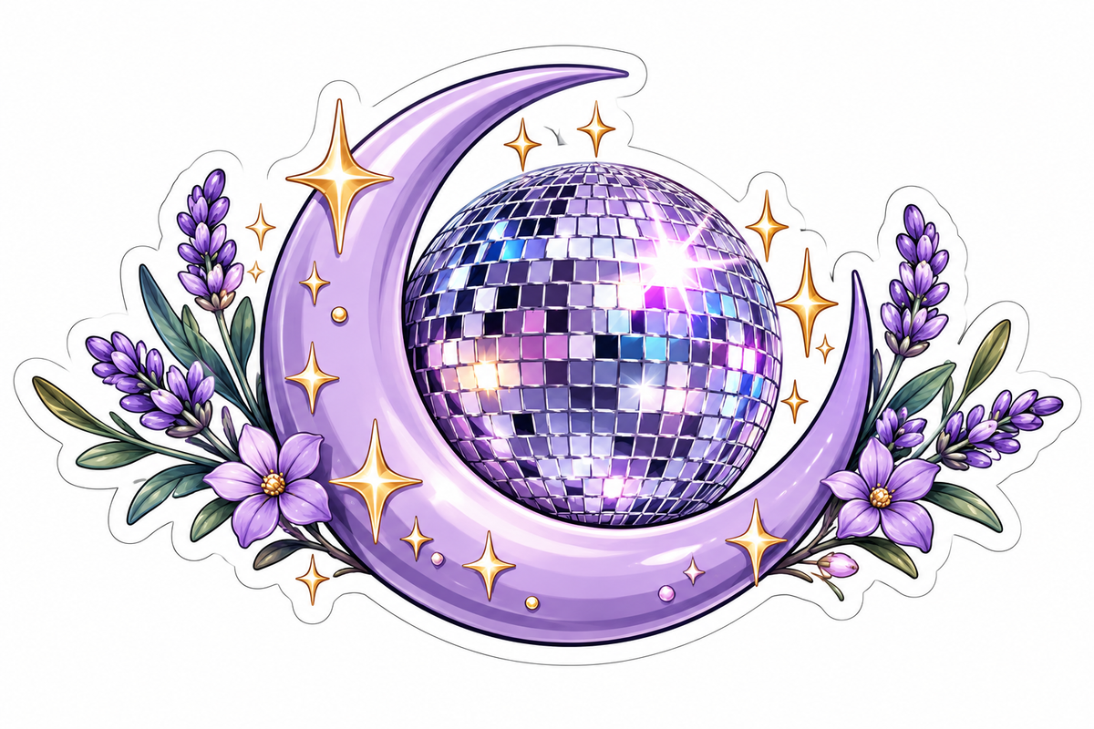 Purple Disco Ball in Crescent with Flowers Vinyl Decal Stickers