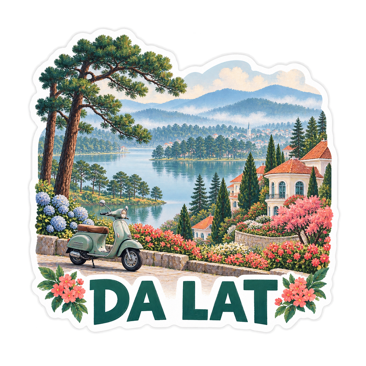 Da Lat Pine Lake and Scooter Art Vinyl Decal Stickers
