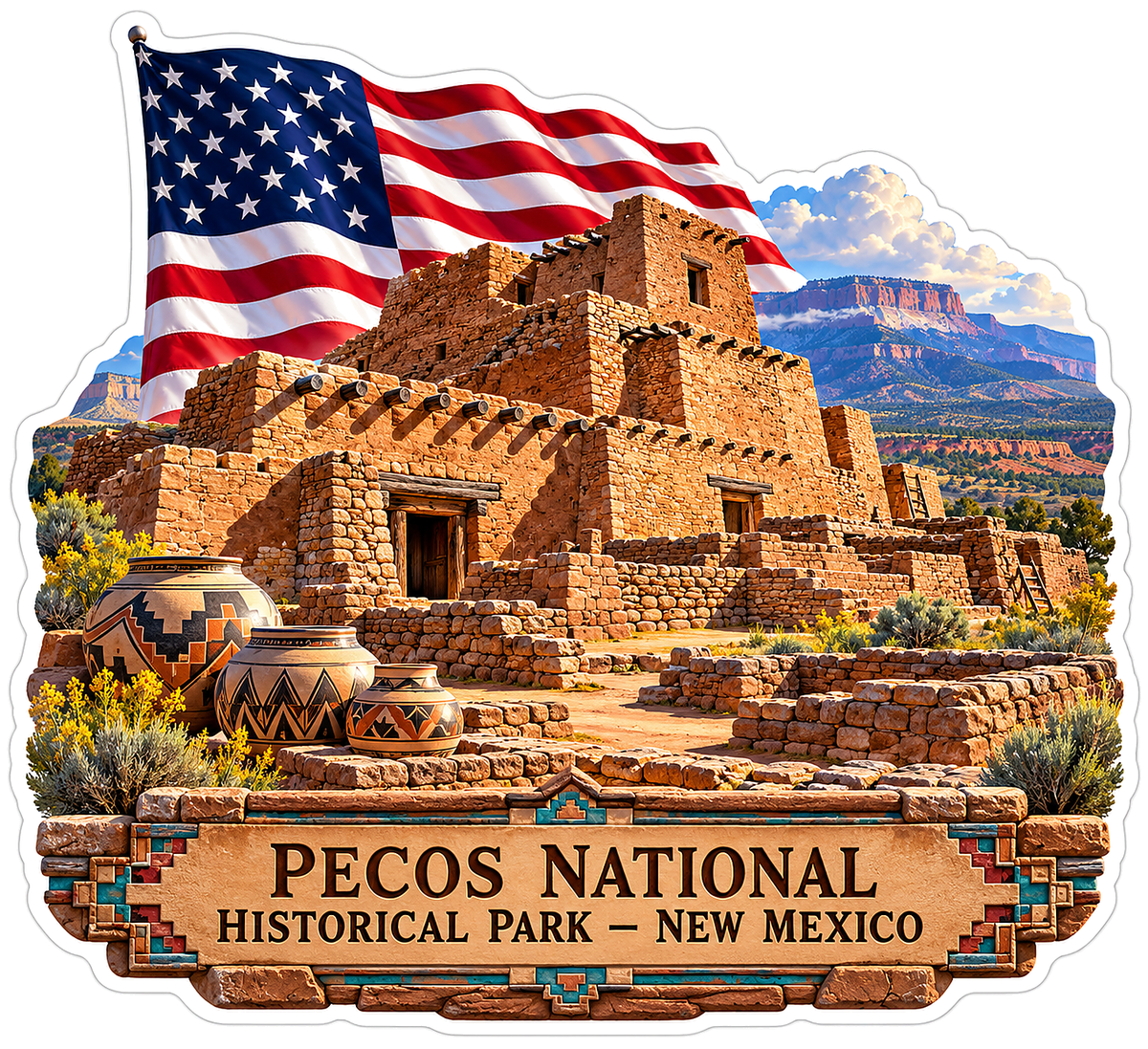 US Flag Adobe Ruins and Painted Pottery Vinyl Decal Stickers