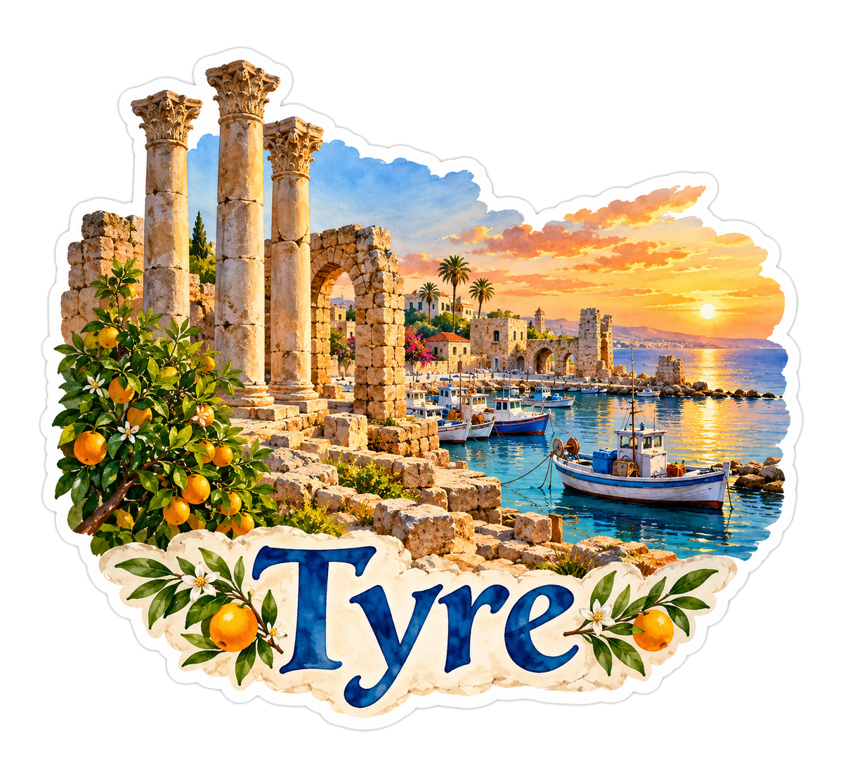 Tyre Ancient Harbor Columns at Sunset Vinyl Decal Stickers