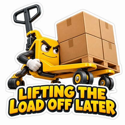 Yellow Pallet Jack Mascot Carrying Four Boxes Vinyl Decal Stickers