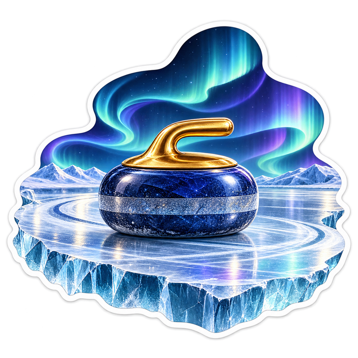 Blue Curling Stone on Ice Beneath Aurora Art Vinyl Decal Stickers
