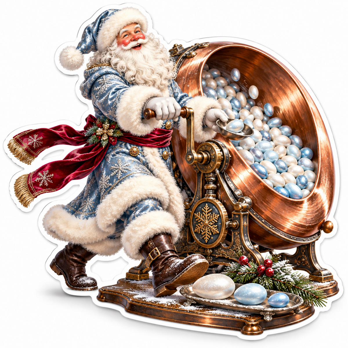 Blue Coat Santa Turning a Copper Bowl of Pearls Vinyl Decal Stickers