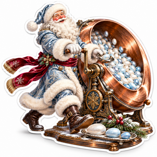 Blue Coat Santa Turning a Copper Bowl of Pearls Vinyl Decal Stickers