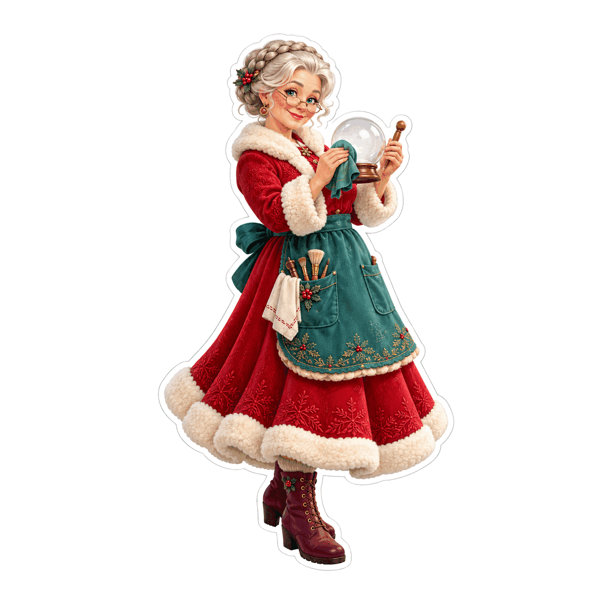 Gray Haired Holiday Woman Holding Snow Globe Art Vinyl Decal Stickers