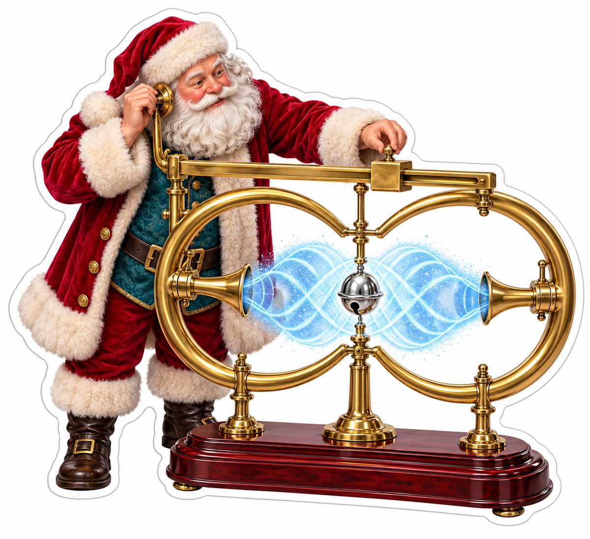 Santa with Blue Waves between Two Golden Horns Vinyl Decal Stickers