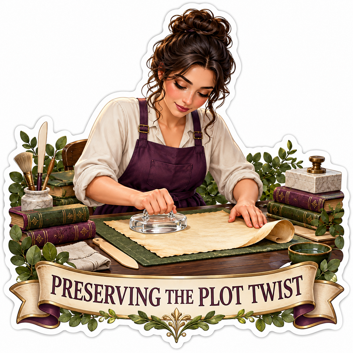 Woman Examining Parchment with Magnifying Glass Vinyl Decal Stickers