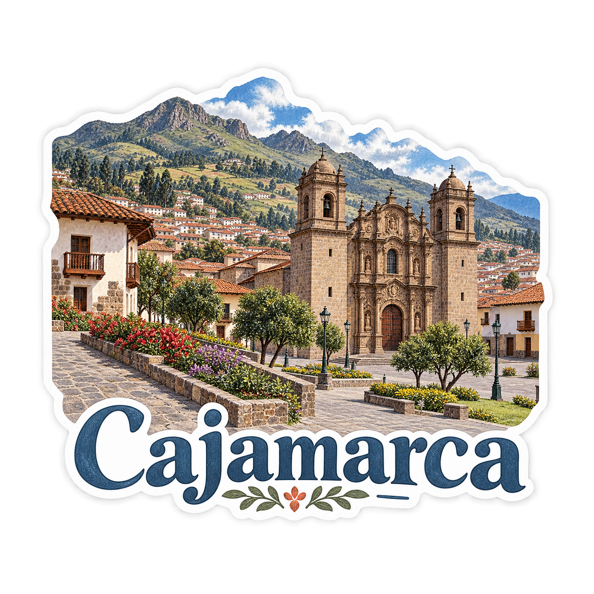 Cajamarca Stone Plaza below Green Hills Art Vinyl Decal Stickers
