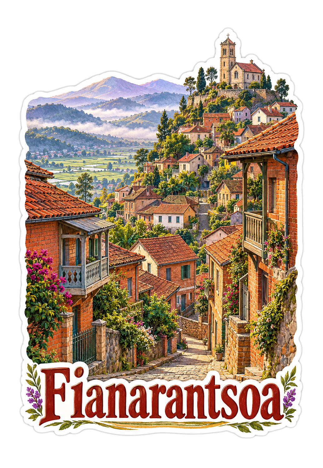 Fianarantsoa Red Roofs and Hillside Lane Vinyl Decal Stickers