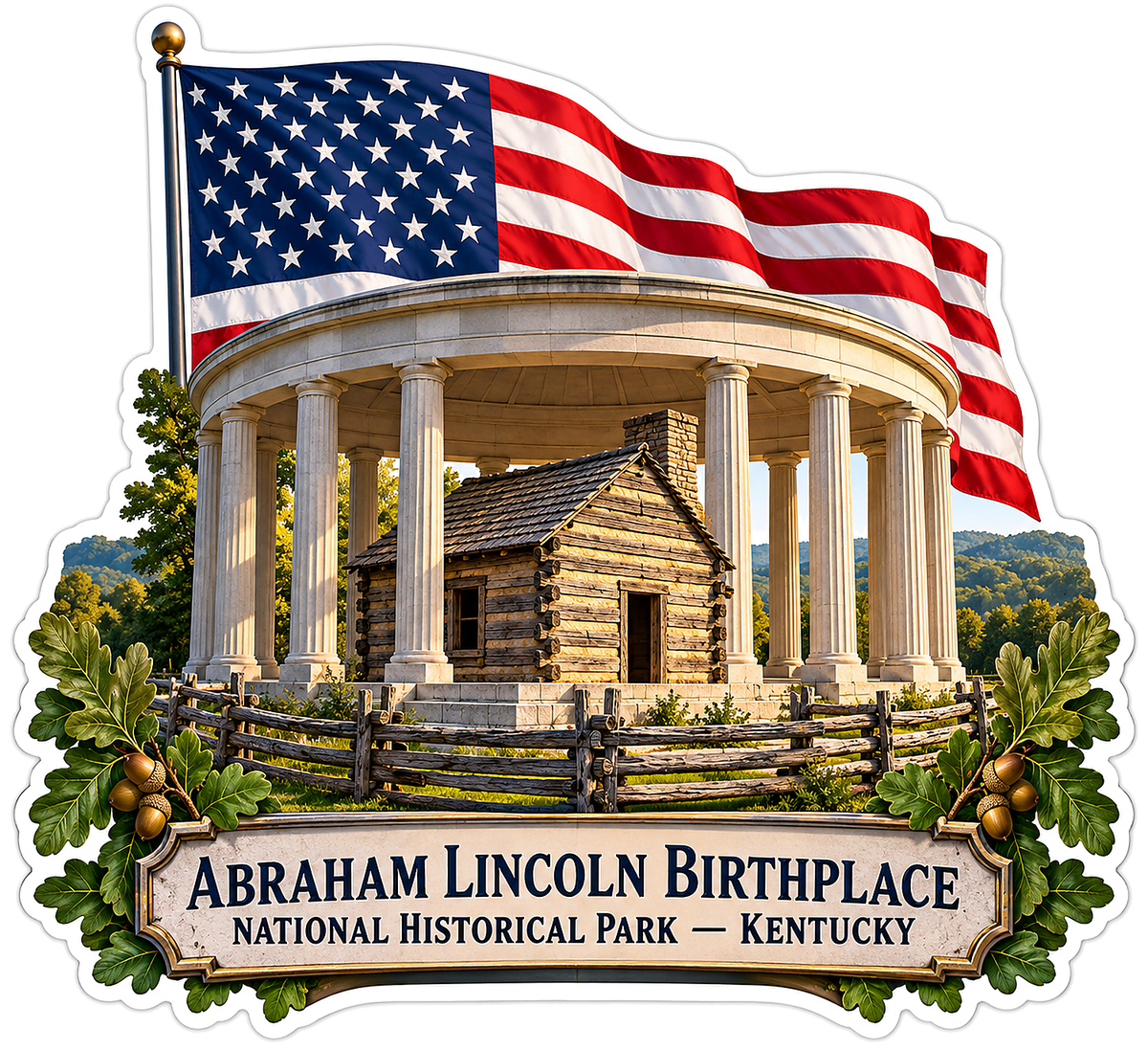 US Flag Log Cabin under Columned Memorial Vinyl Decal Stickers