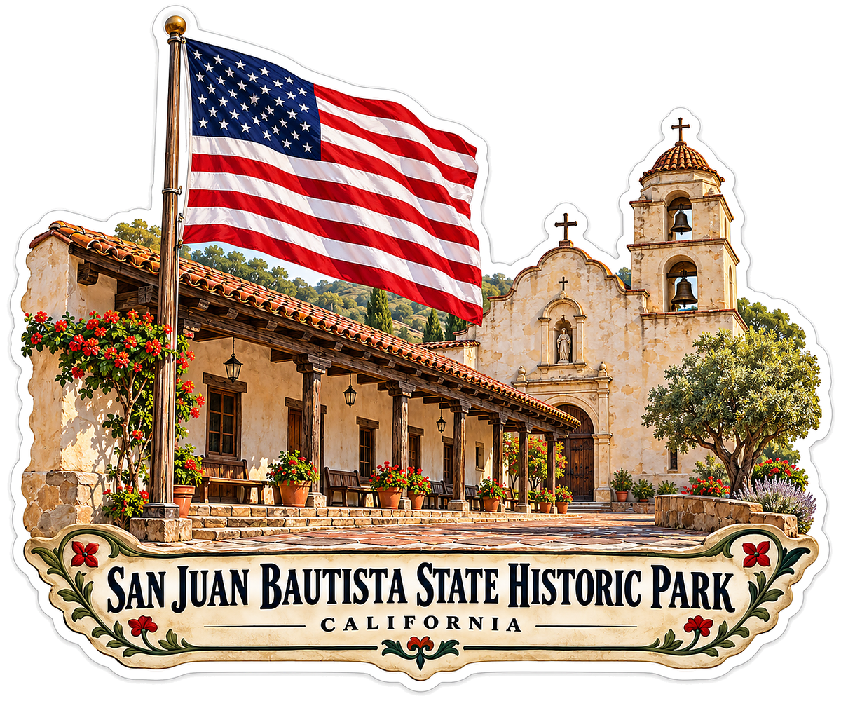 San Juan Bautista Mission and US Flag Vinyl Decal Stickers