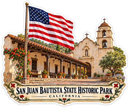 San Juan Bautista Mission and US Flag Vinyl Decal Stickers