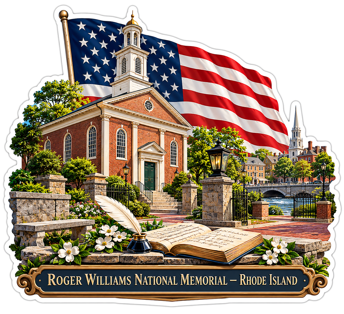 US Flag Brick Chapel and Open Book Scene Vinyl Decal Stickers