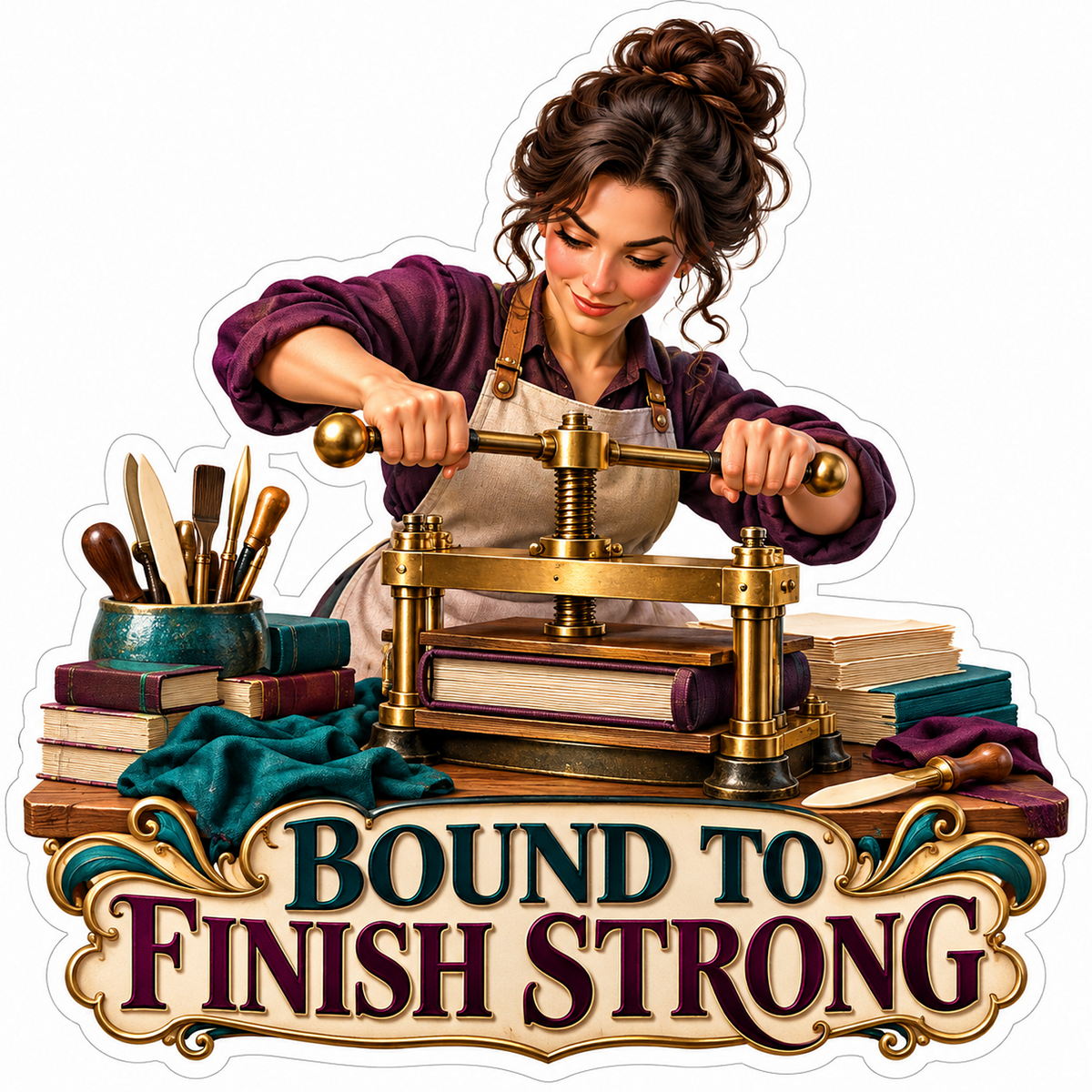 Woman Pressing Books in Brass Binding Frame Vinyl Decal Stickers