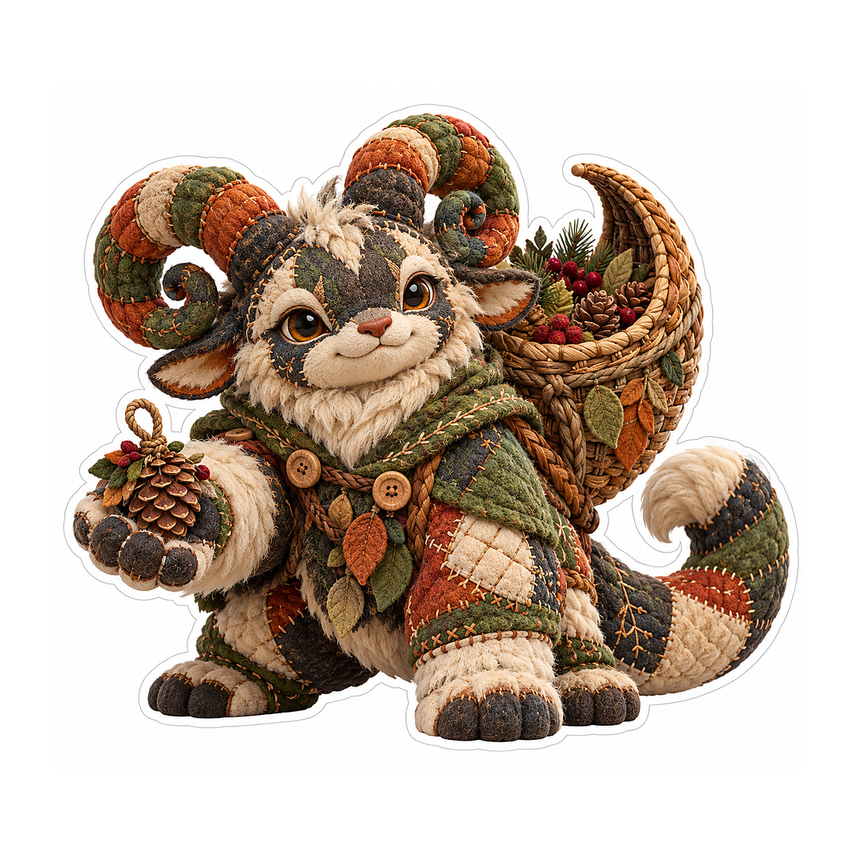 Patchwork Horned Creature with Basket Art Vinyl Decal Stickers