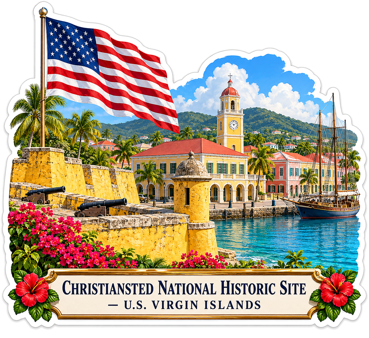 Virgin Islands Yellow Harbor with US Flag Art Vinyl Decal Stickers
