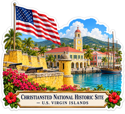 Virgin Islands Yellow Harbor with US Flag Art Vinyl Decal Stickers
