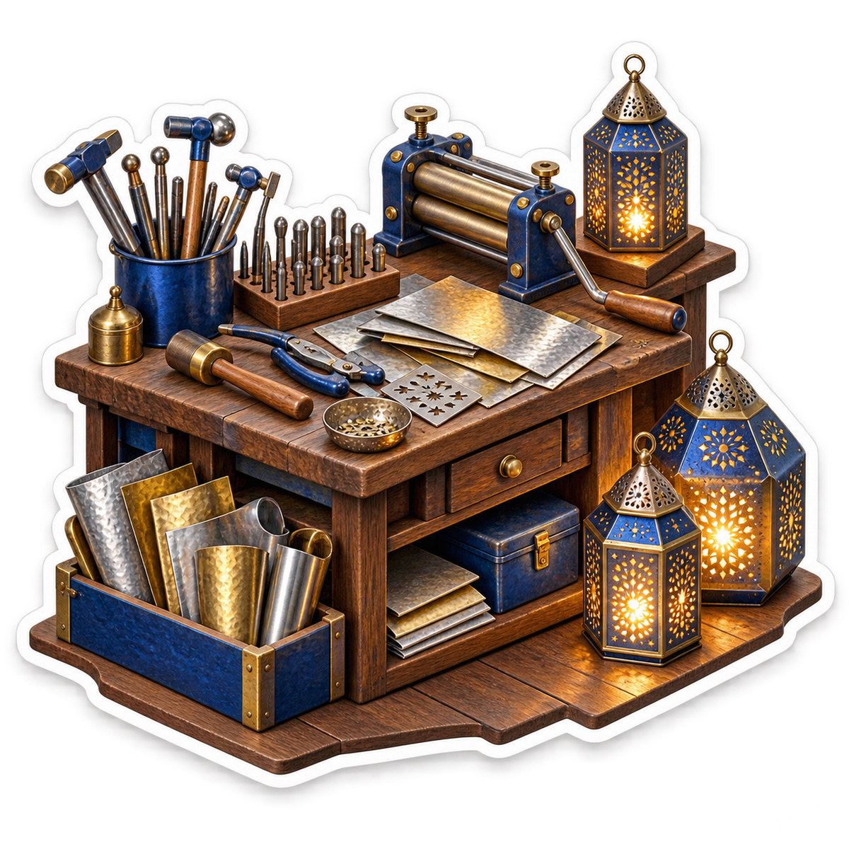Metalworking Bench with Glowing Blue Lanterns Vinyl Decal Stickers