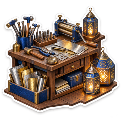 Metalworking Bench with Glowing Blue Lanterns Vinyl Decal Stickers