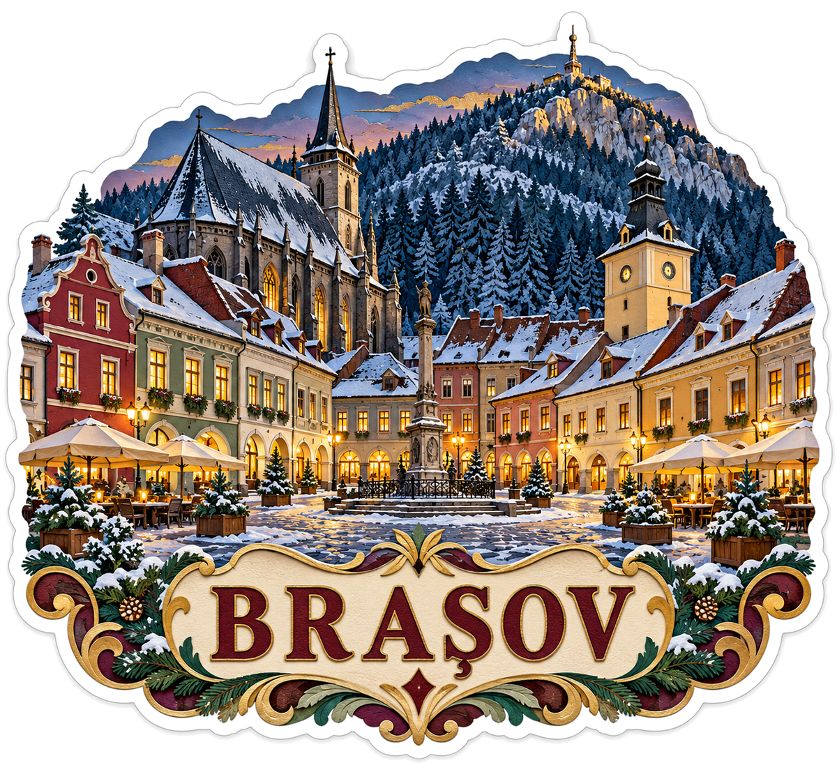 Brasov Snowy Town Square Mountain Art Vinyl Decal Stickers
