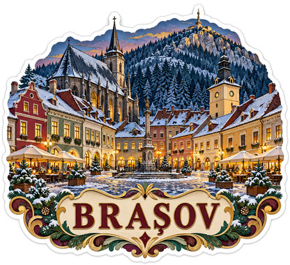 Brasov Snowy Town Square Mountain Art Vinyl Decal Stickers