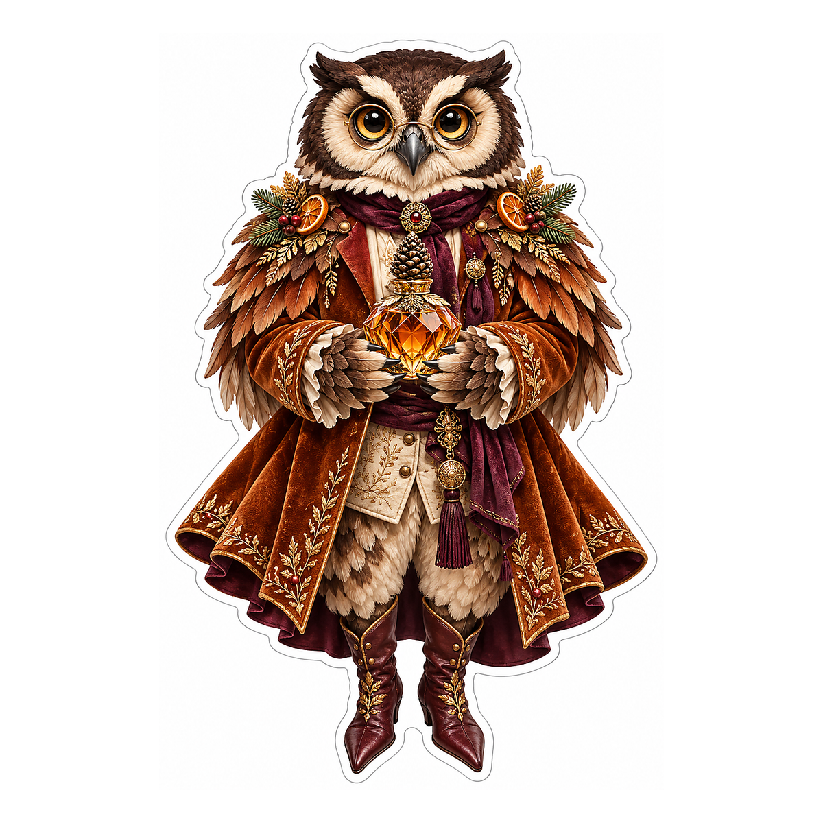 Brown Cape Owl Holding Amber Gem Vinyl Decal Stickers