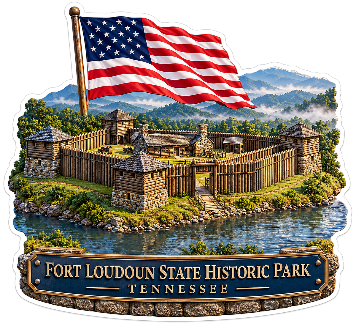 Tennessee Riverside Fort and US Flag Art Vinyl Decal Stickers