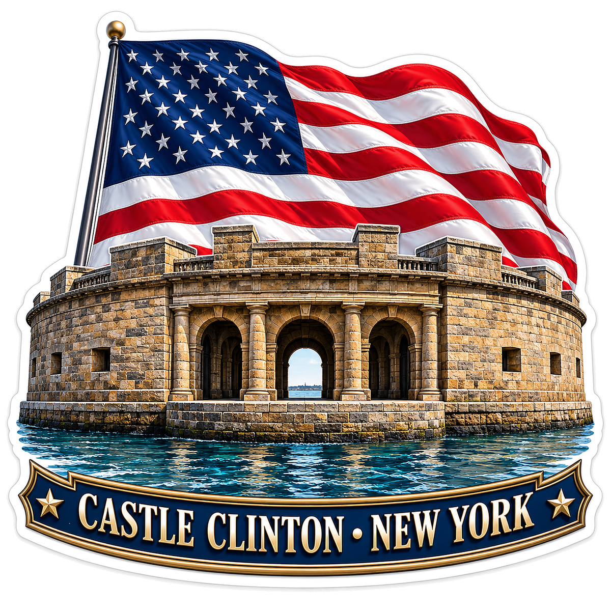 Castle Clinton New York American Flag Scene Vinyl Decal Stickers