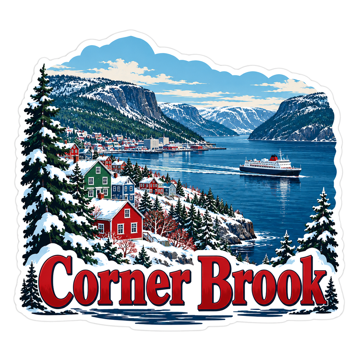 Corner Brook Snowy Harbor Mountains Art Vinyl Decal Stickers