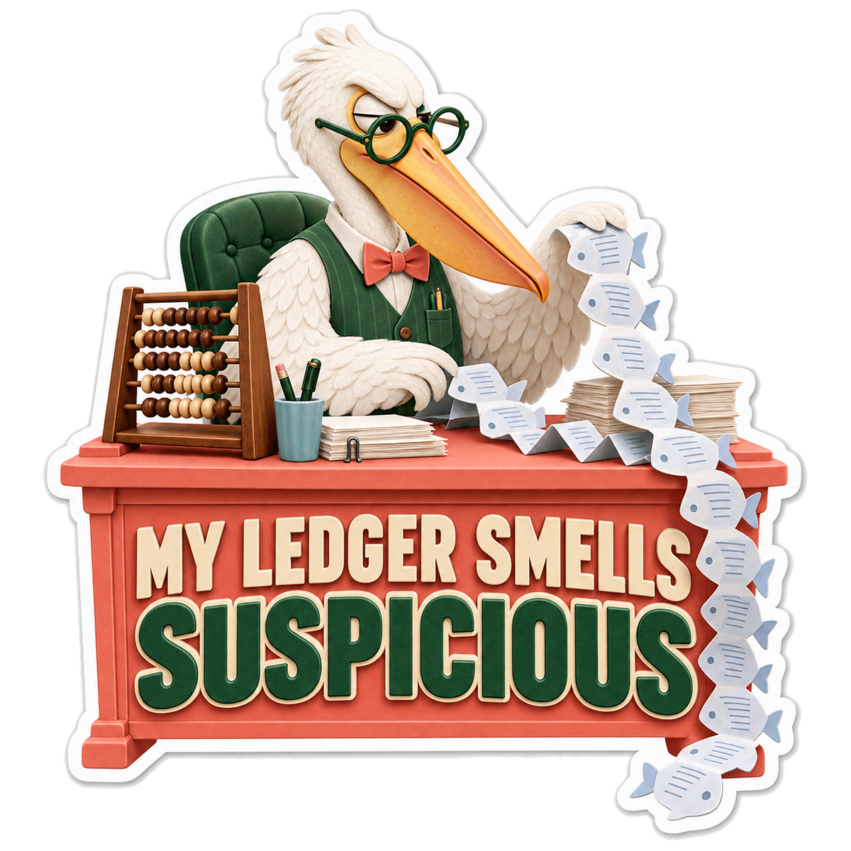 Pelican Accountant Reading Long Receipts Art Vinyl Decal Stickers