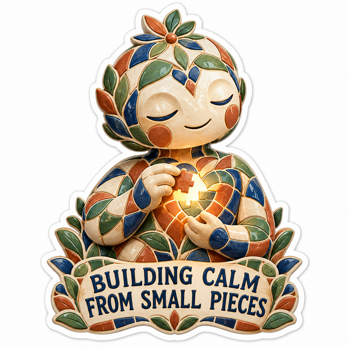 Leaf Pattern Mosaic Figure Holding a Heart Vinyl Decal Stickers