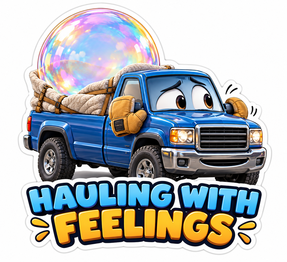 Blue Pickup Hauling Rainbow Bubble Art Vinyl Decal Stickers