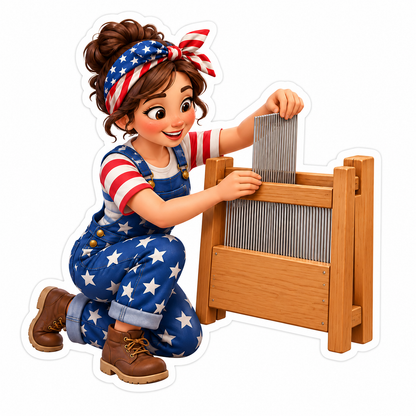 Patriotic Girl Working Wooden Loom Vinyl Decal Stickers