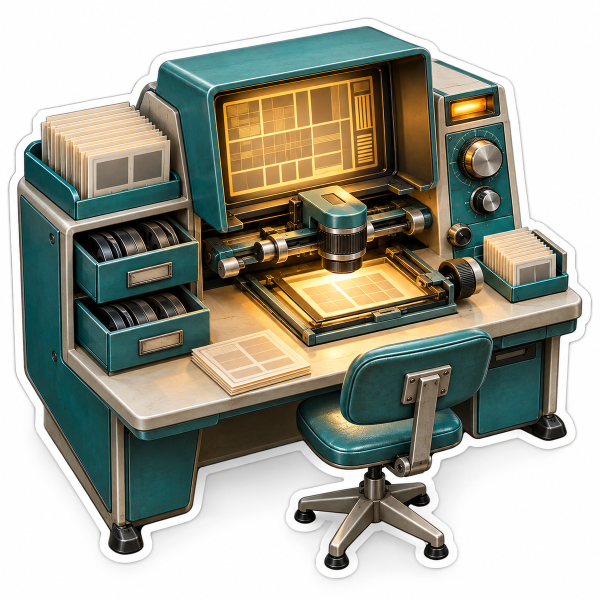 Teal Microfilm Viewing Desk Miniature Art Vinyl Decal Stickers