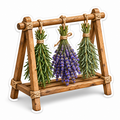 Lavender and Herb Bundles on a Wooden Rack Vinyl Decal Stickers
