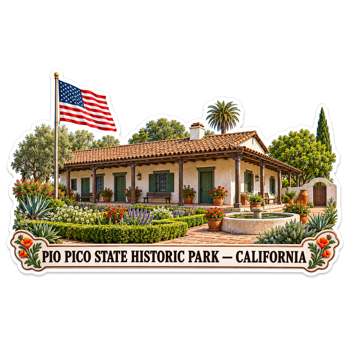 California Adobe Garden with American Flag Art Vinyl Decal Stickers