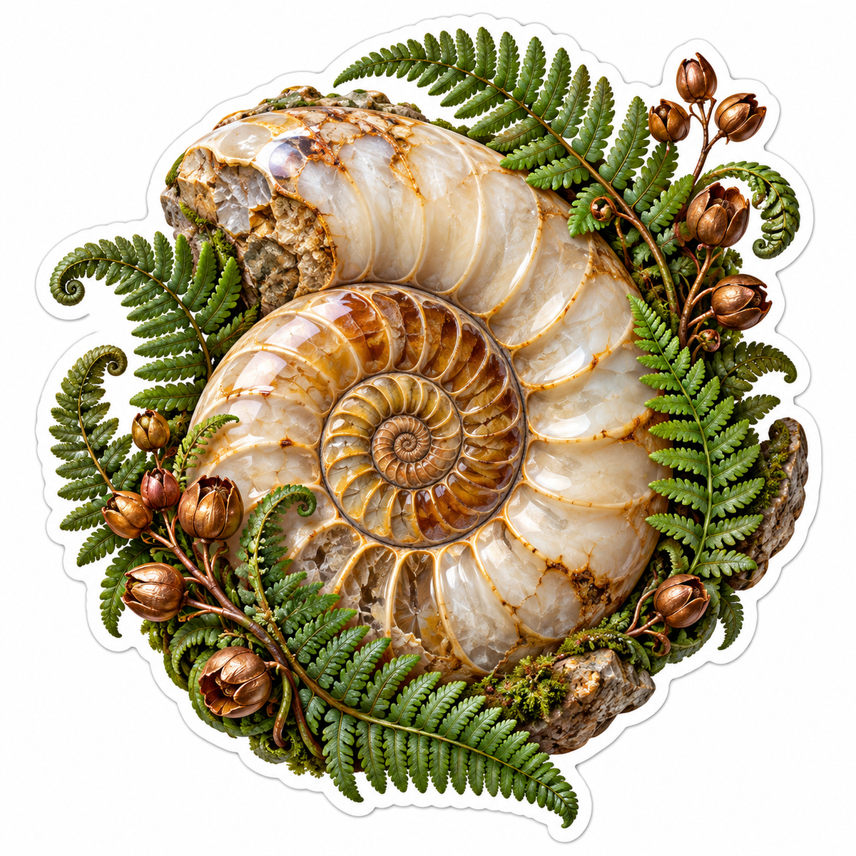 Spiral Fossil Shell with Fern Fronds Vinyl Decal Stickers