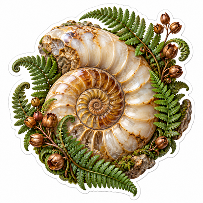 Spiral Fossil Shell with Fern Fronds Vinyl Decal Stickers