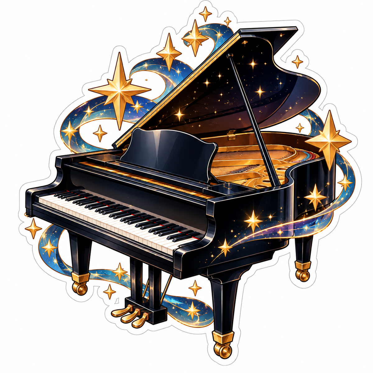 Black Grand Piano with Golden Stars Vinyl Decal Stickers