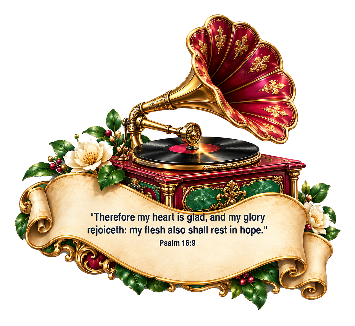 Red Floral Gramophone with Bible Verse Art Vinyl Decal Stickers
