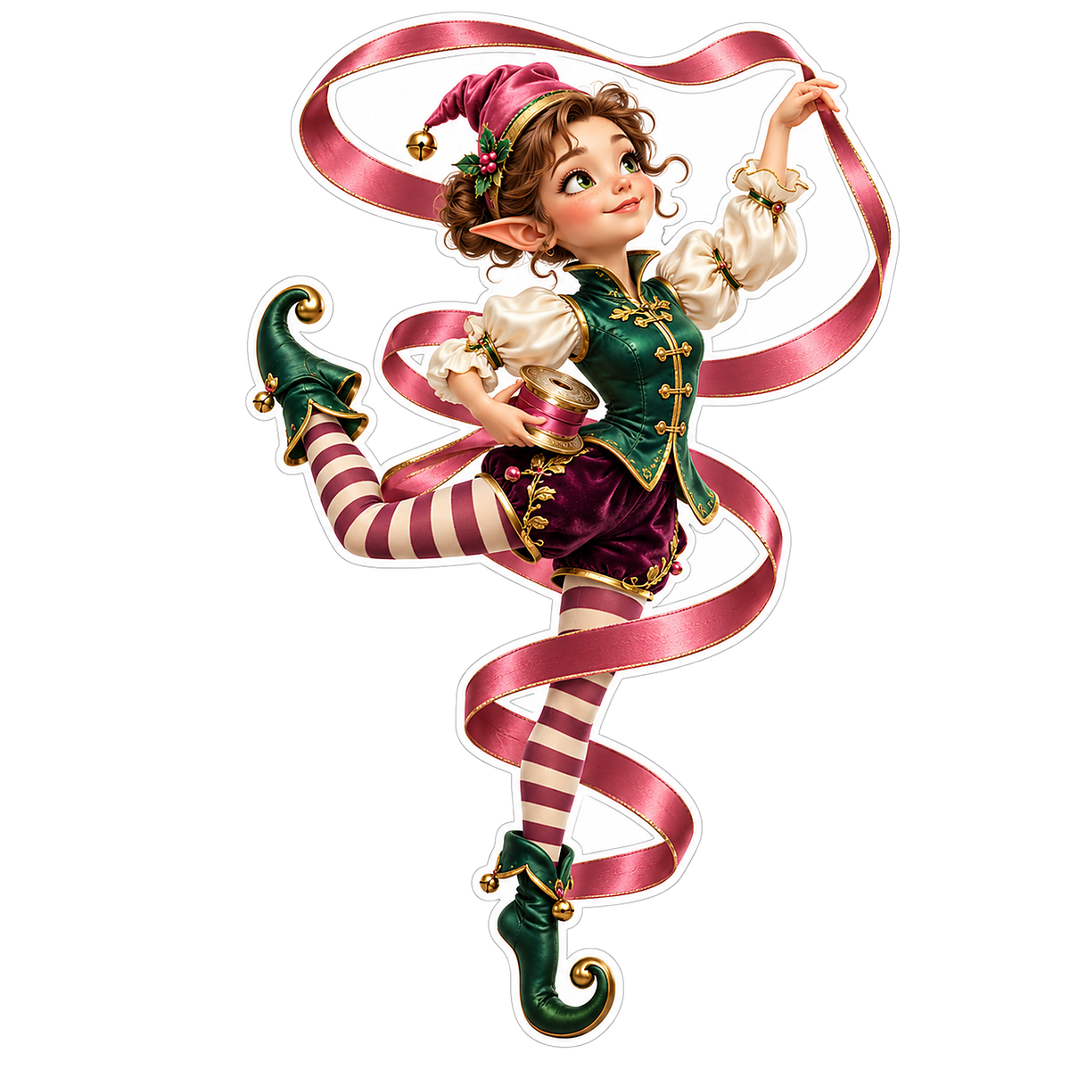 Holiday Elf Dancing with Pink Ribbon Vinyl Decal Stickers