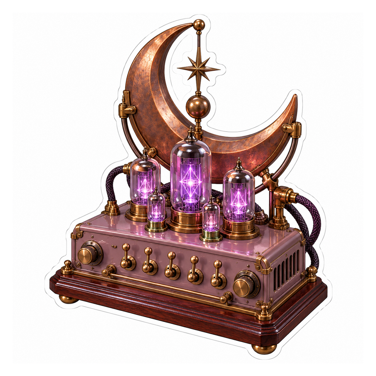 Bronze Crescent Moon Machine with Violet Tubes Vinyl Decal Stickers