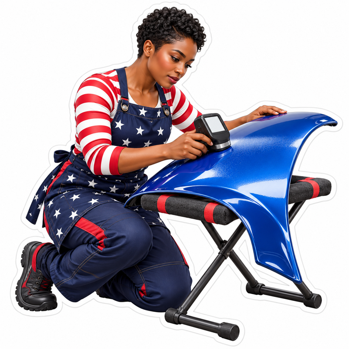 Woman Inspecting Blue Curved Body Panel Vinyl Decal Stickers