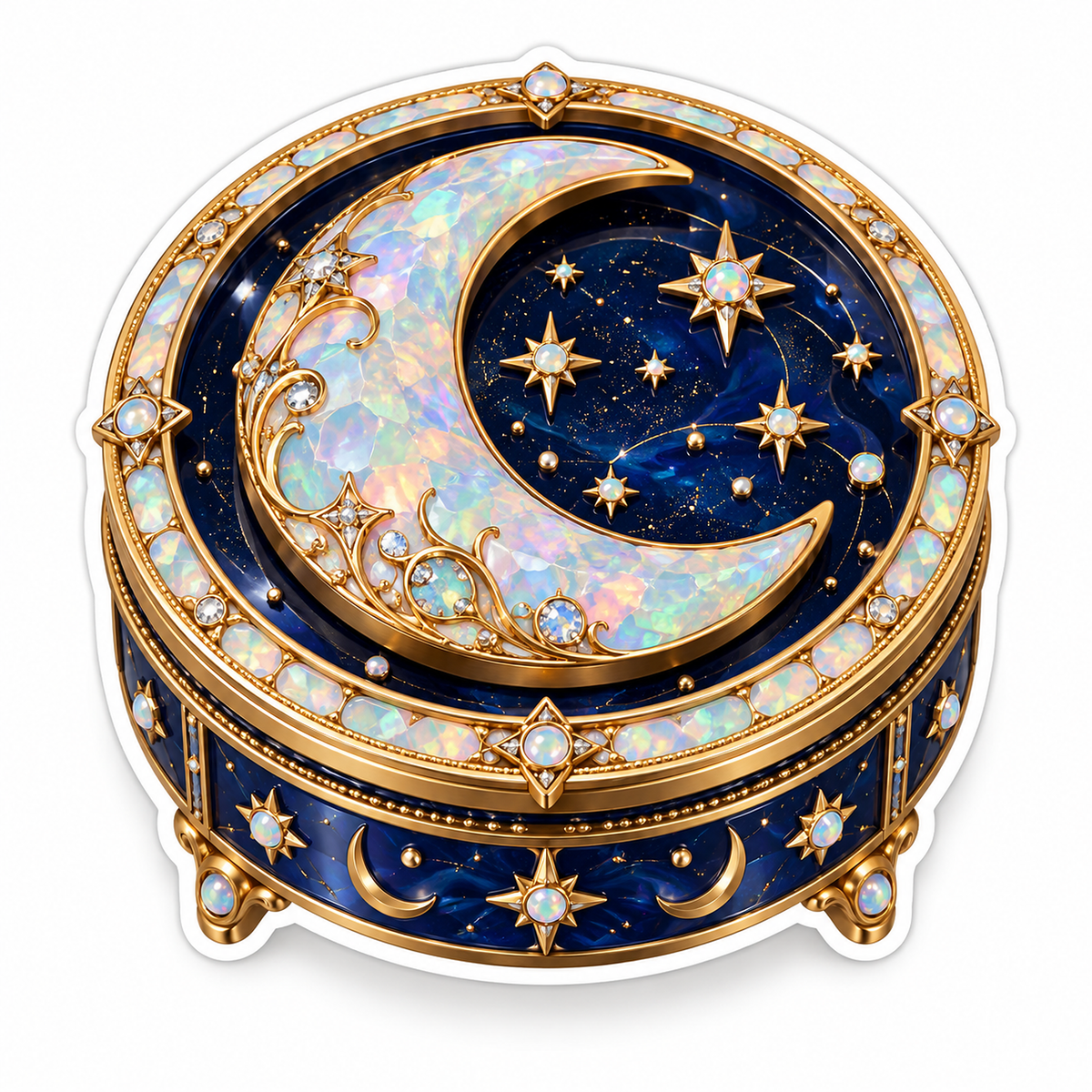 Blue Gold Round Box with Opal Crescent Moon Vinyl Decal Stickers